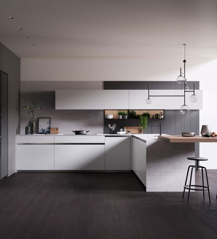 Modern kitchen remodel with dark flooring